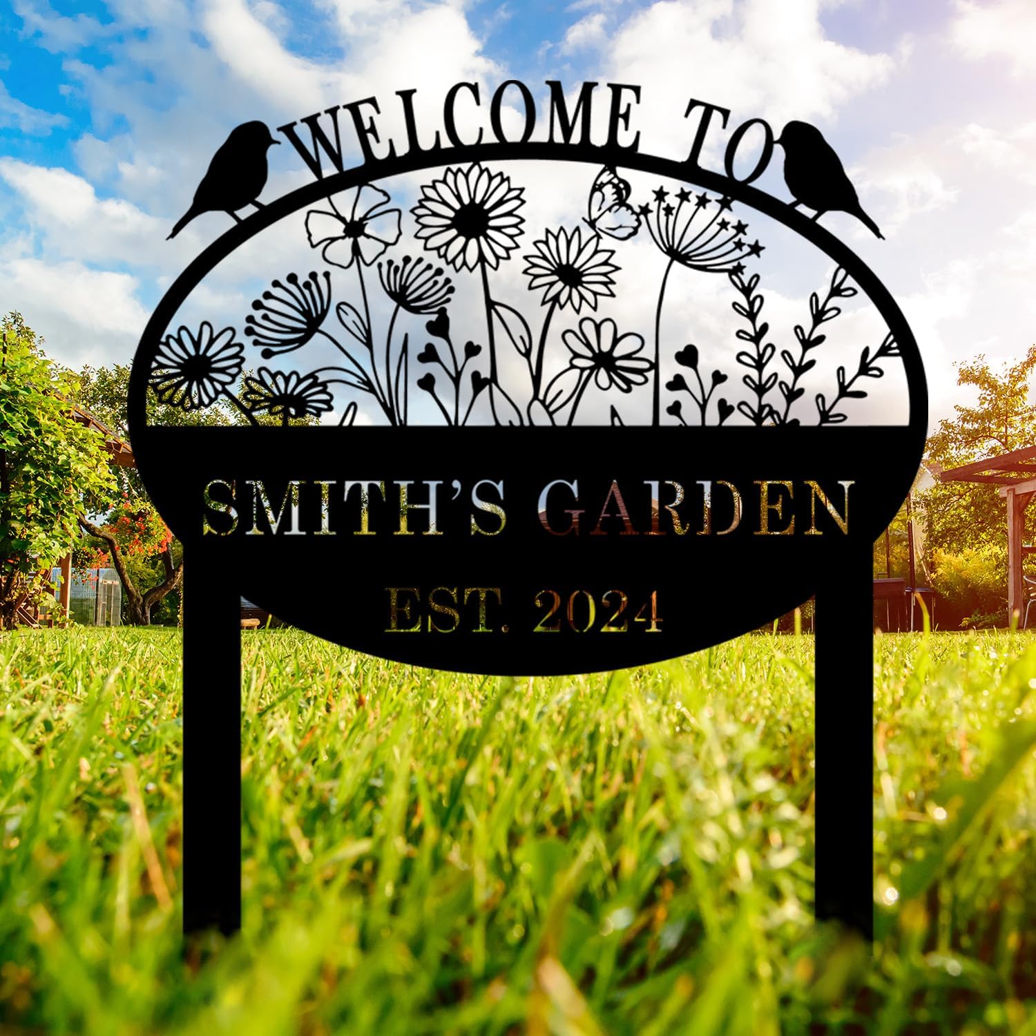 Personalized Metal Garden Flower Sign with Stakes, Custom Garden Decor for Outdoor, Flower Sign Plaque, Yard Sign, Lawn