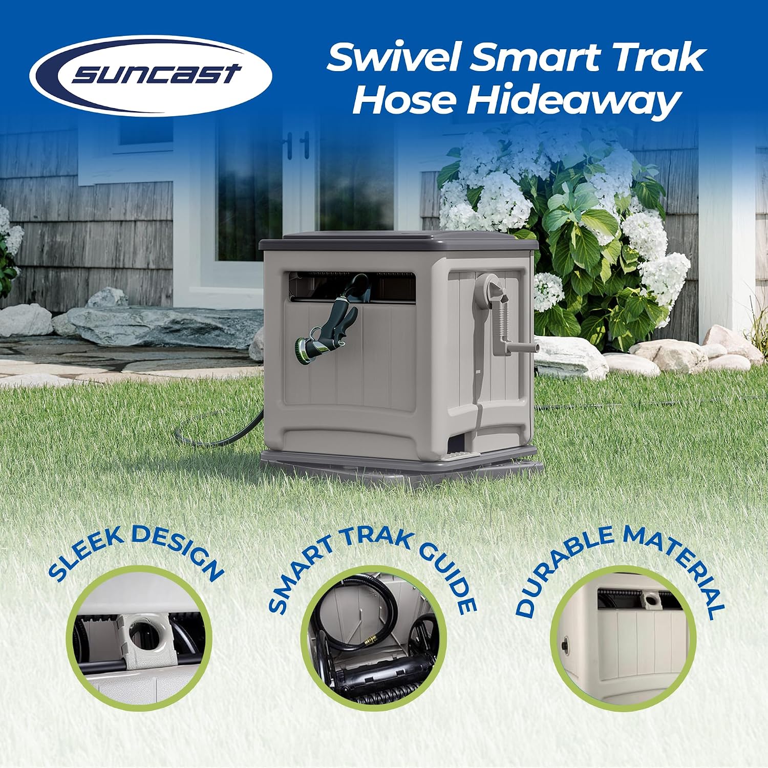 Suncast Swivel Smart Trak Hose Hideaway, 225 Foot x 5/8 Inch Garden Hose Reel with Smart Trak Guide & Swivel Base, Dove