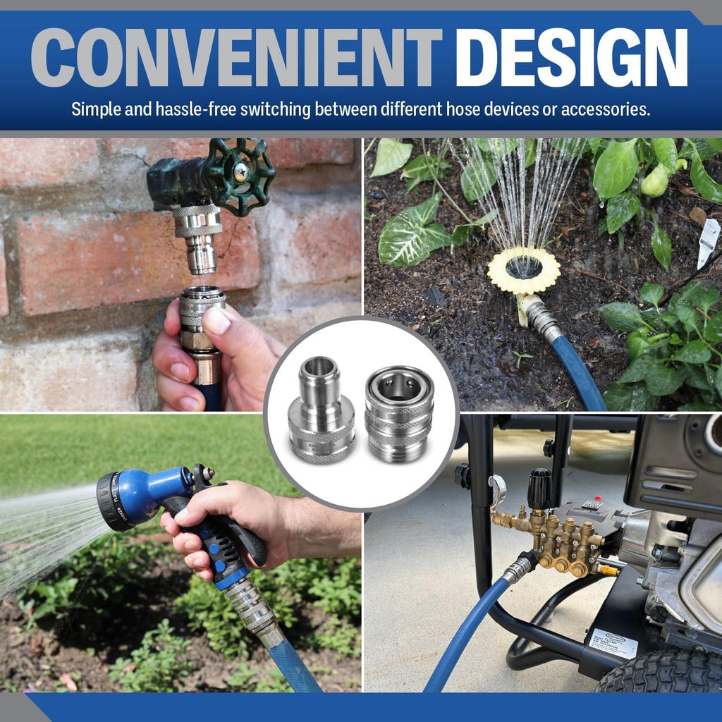 Stainless Steel ¾” Garden Hose Quick Connect Fittings | One Hand Operation Design | Plug & Coupler Set Of 2