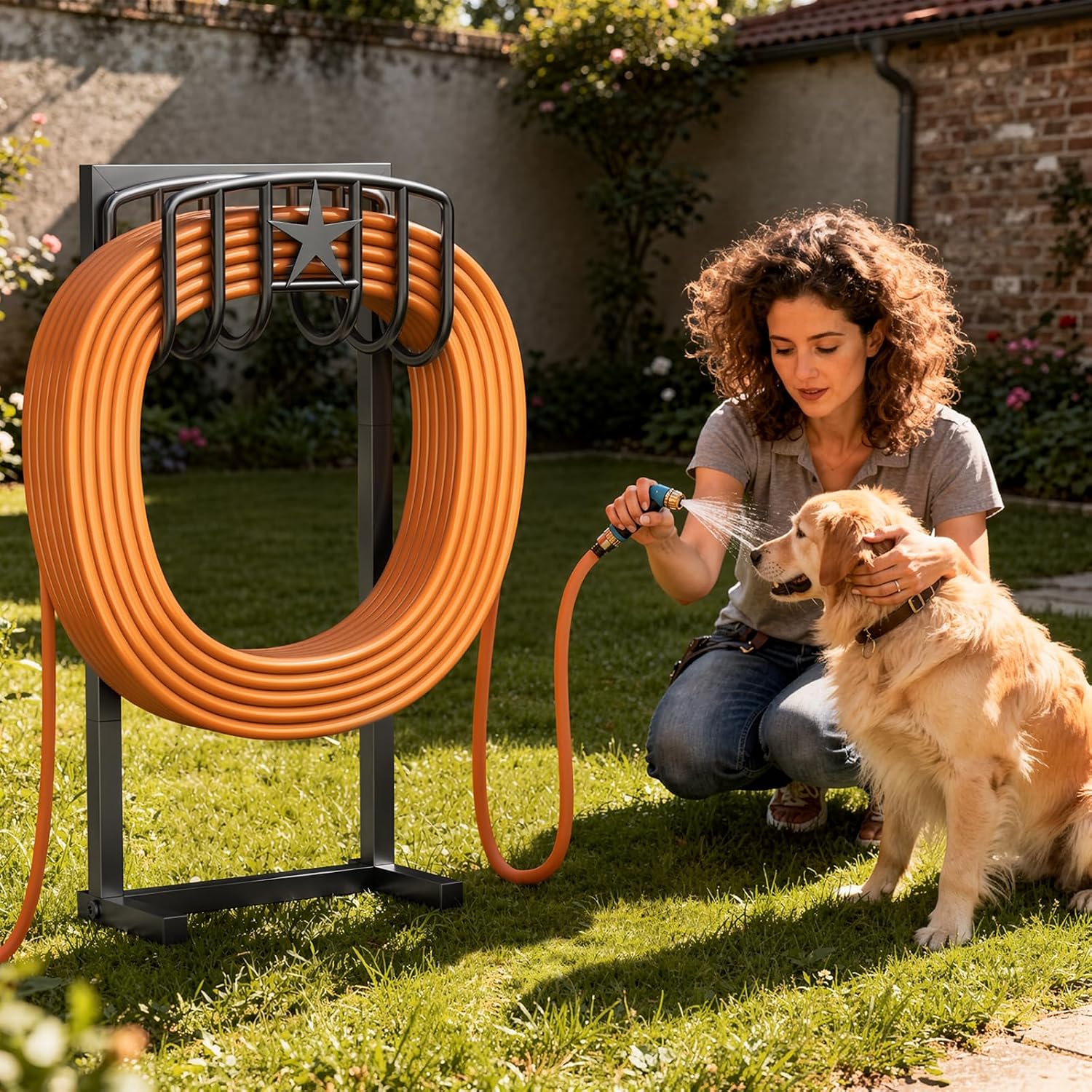 Garden Hose Holder, Heavy Duty Freestanding Metal Stand, 165FT Garden Hose Storage with 4-Spike Stable Base, Rustproof