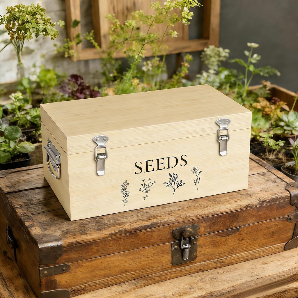 Bamboo Seed Storage Organizer, Large Garden Seed Organizer with Lid & Safety Lock & Handles, Seed Box Includes Seed