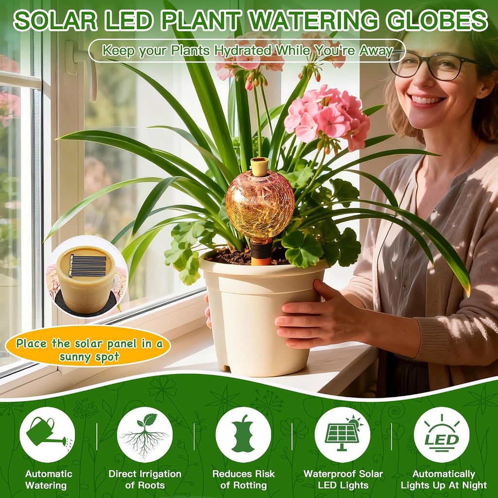 VOREEN Crackle Glass Plant Watering Globe with Terracotta Spike,Self-Watering Irrigation for Potted Plants, with Solar