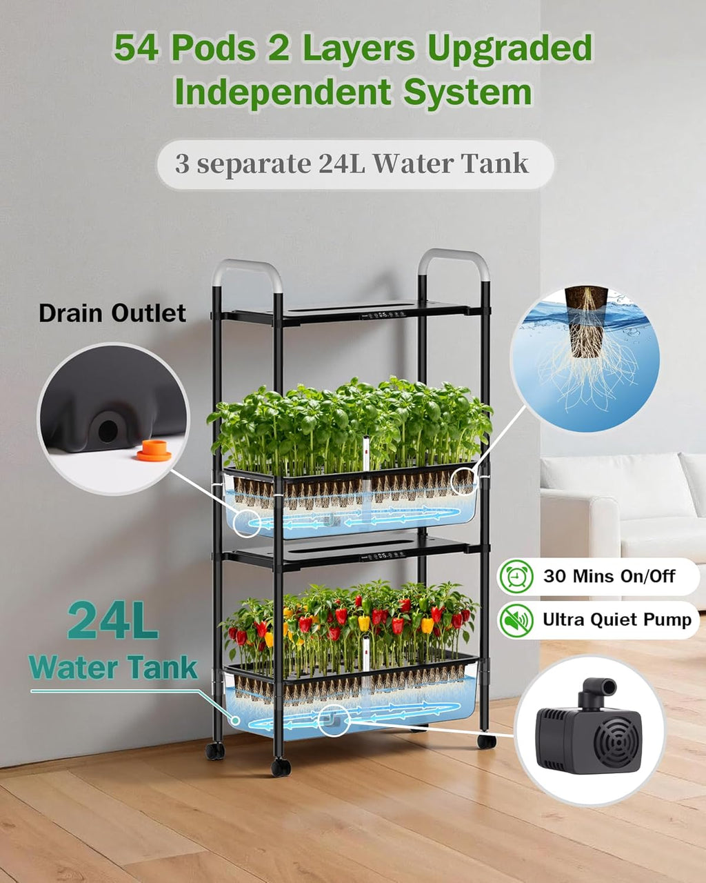 Growell Large Hydroponics Growing System Kit, 54 Pods Vertical Indoor Herb Garden Kit with LED Grow Light & Independent