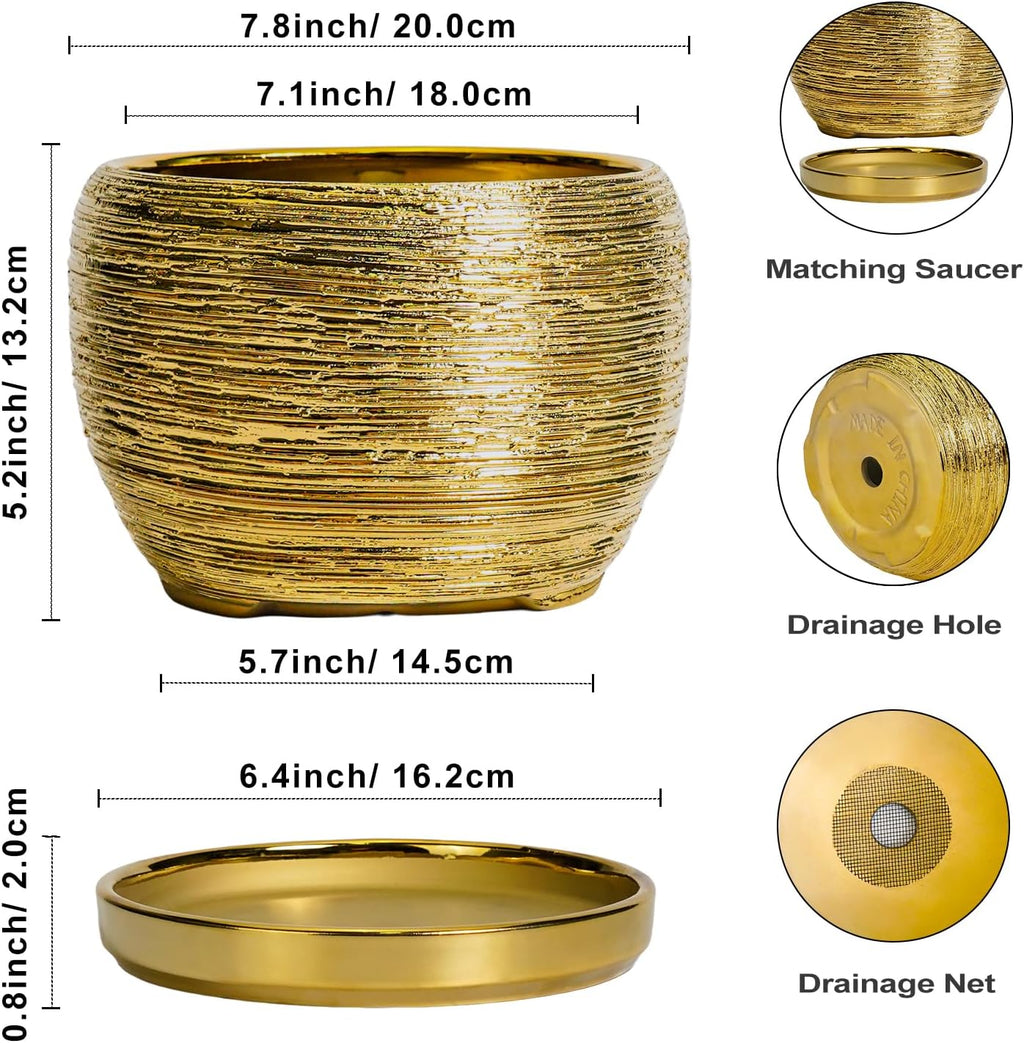SQOWL Ceramic Flower Pot - 8 Inch Plant Pot Indoor Outdoor, Round Planter with Drainage Hole and Saucer, Decorative