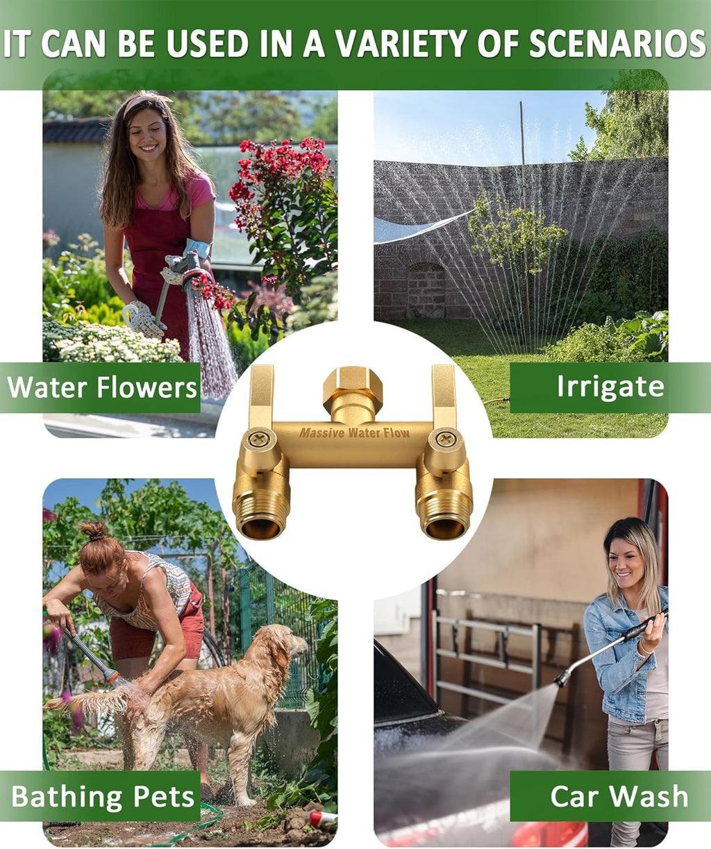Hose Splitter 2 Way Heavy Duty, Solid Brass Full Flow Outdoor Faucet and Garden Hose Splitters, Water Spigot Splitter T