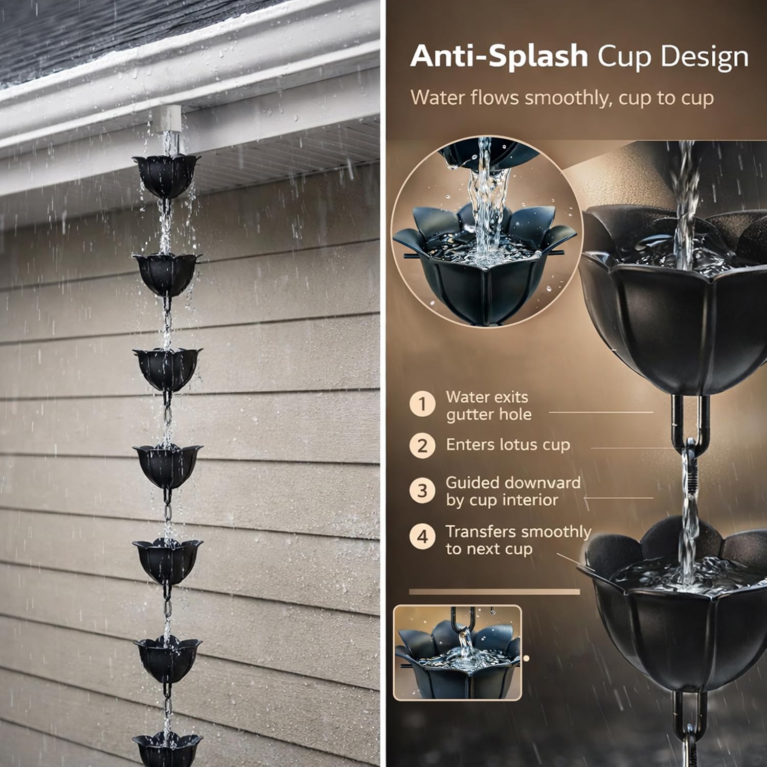 Gardzen Aluminum Rain Chain for Gutter | 8.5 Feet Decorative Rainchain with 13 Flower Cups, Heavy Duty Outside Rain