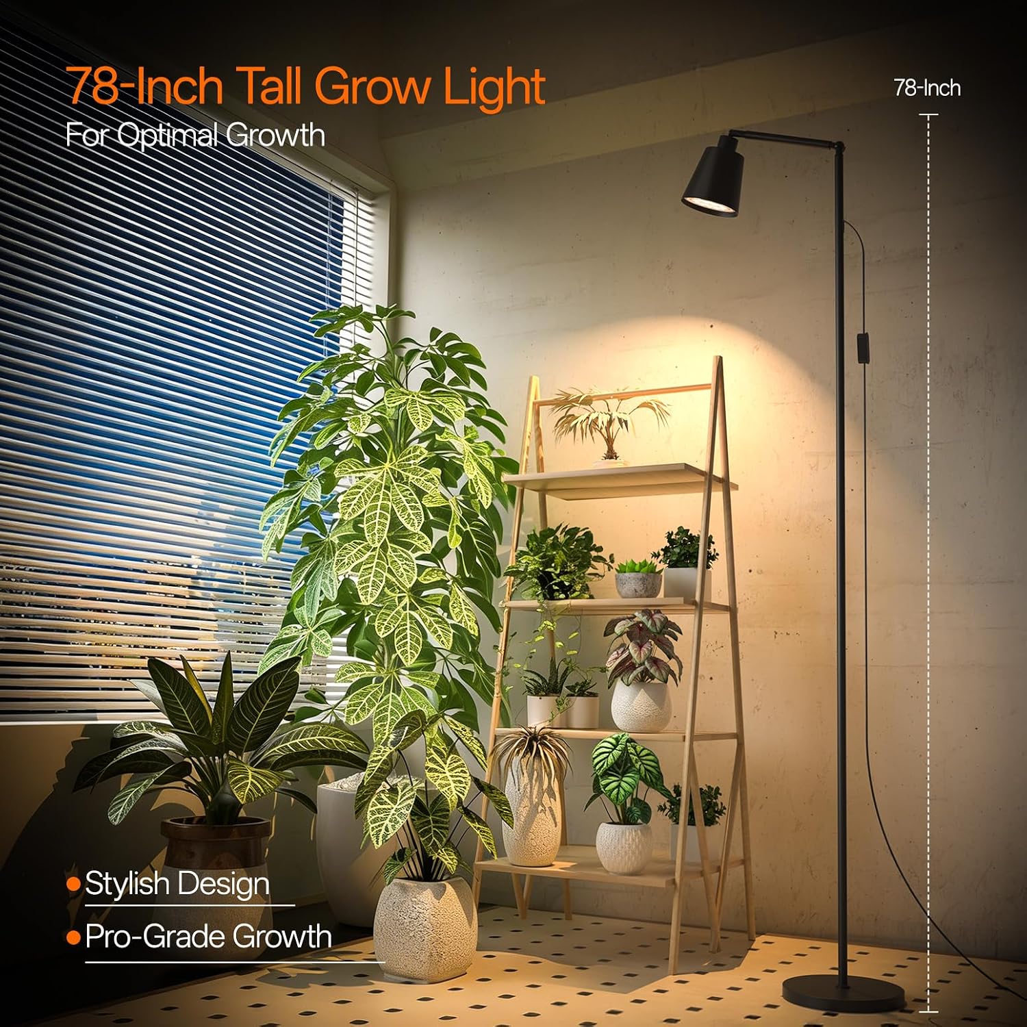 78" Tall Standing Grow Light, Grow Light for Indoor Plants | 18W Full Spectrum LED Bulb with Optical Lens, 4/9/14H