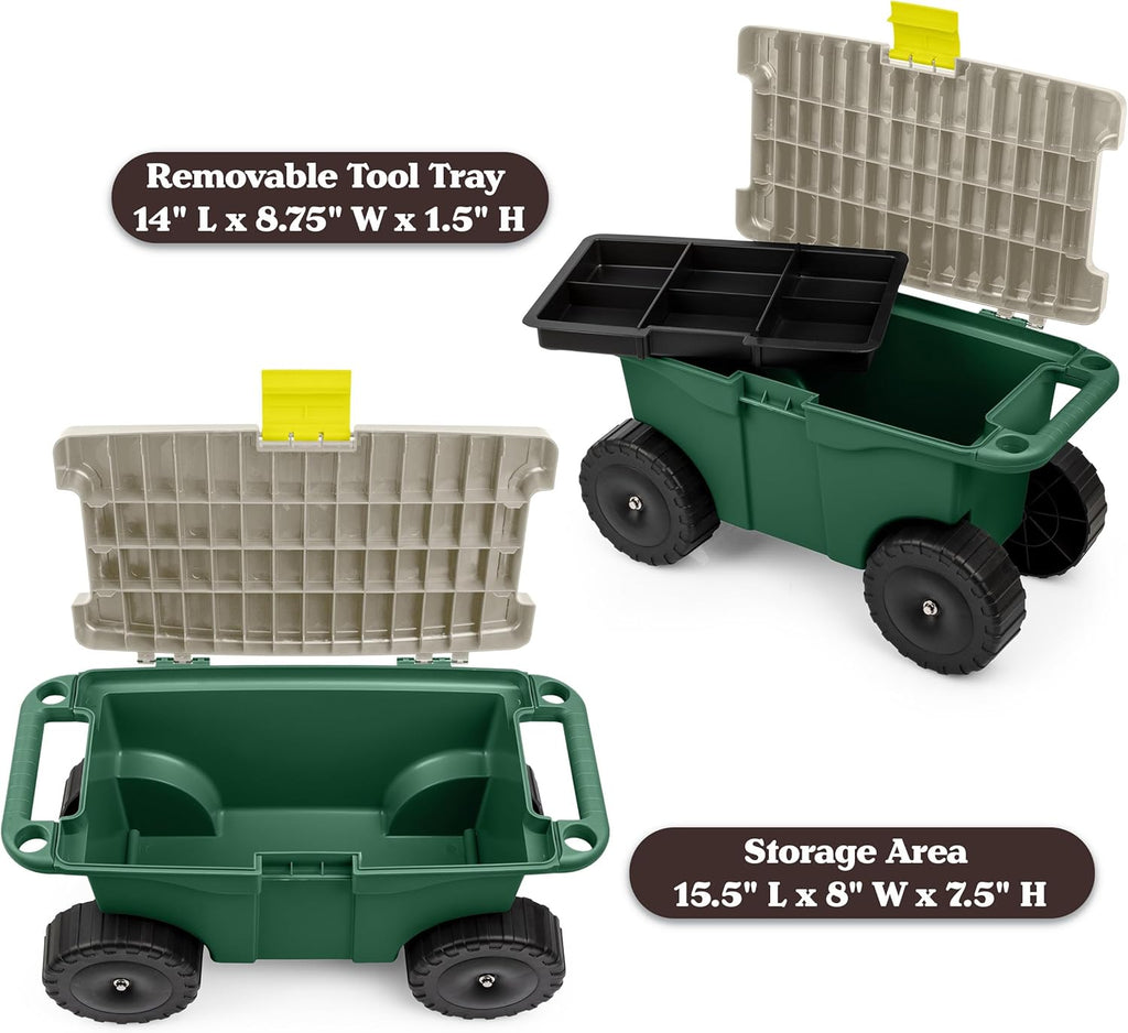 Rolling Garden Cart with Seat - Plastic Storage with Bench and Interior Tool Tray - Gardening Stool for Weeding and