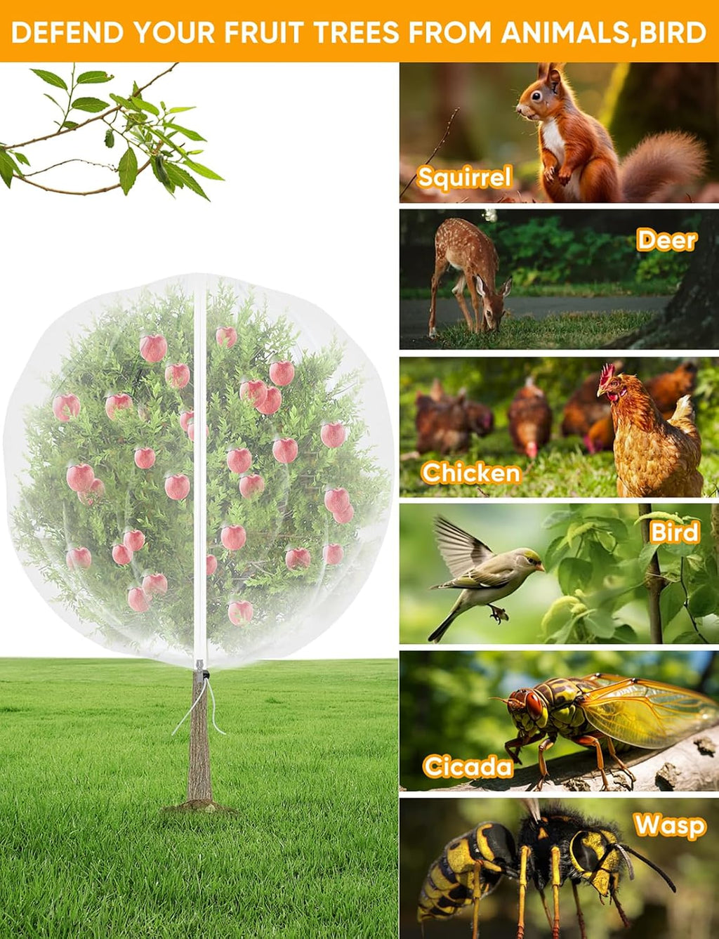 VITI Fruit Tree Netting for Cicadas - with 4Pcs 8Ftx5.3Ft Zipper&Drawstring Protection for Your Fruit Trees Garden Bird