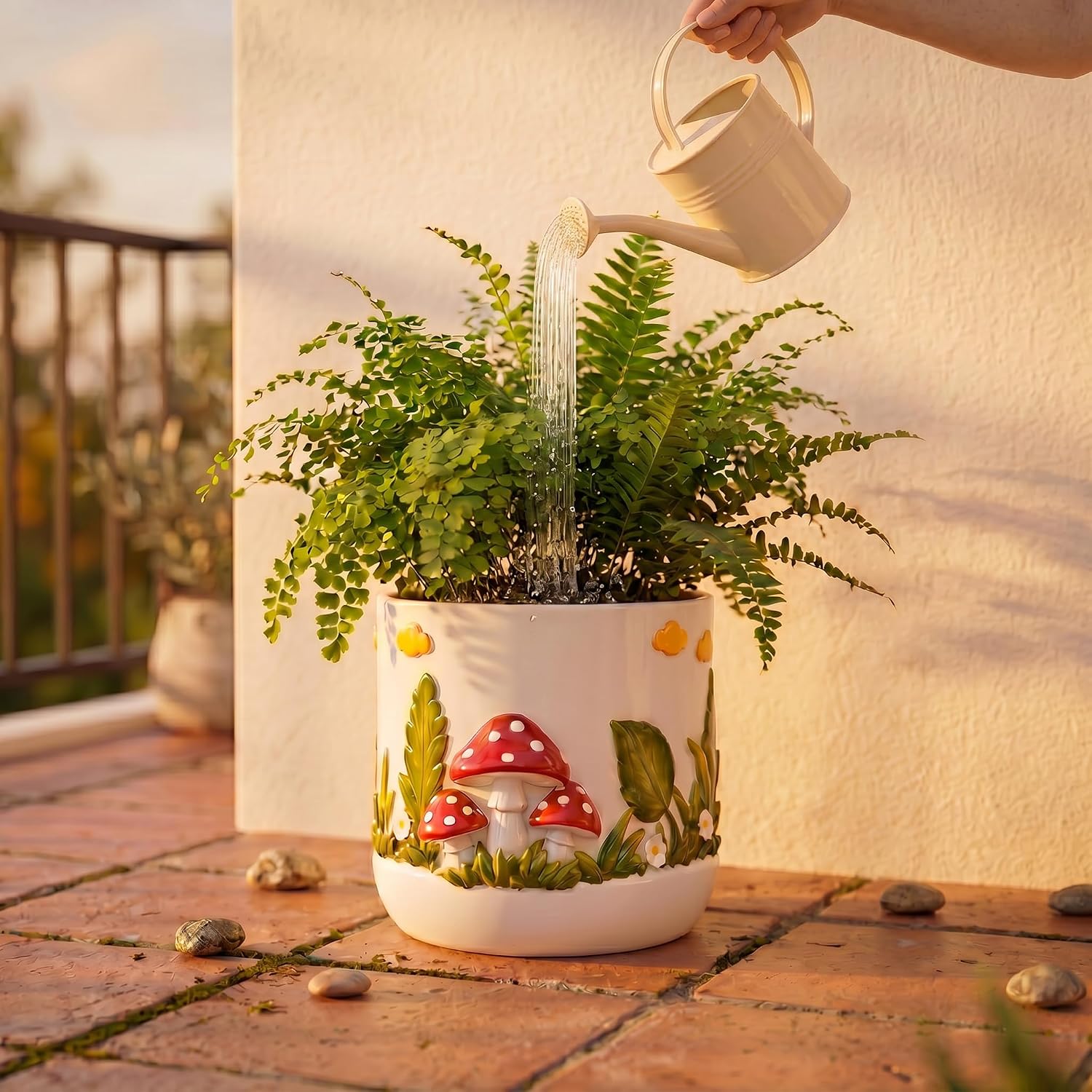Frog Mushroom Planter Pot with Drainage, Frog Flower Vase, Mushrooms Decor Plant Pot for Garden, Entryway, Living Room