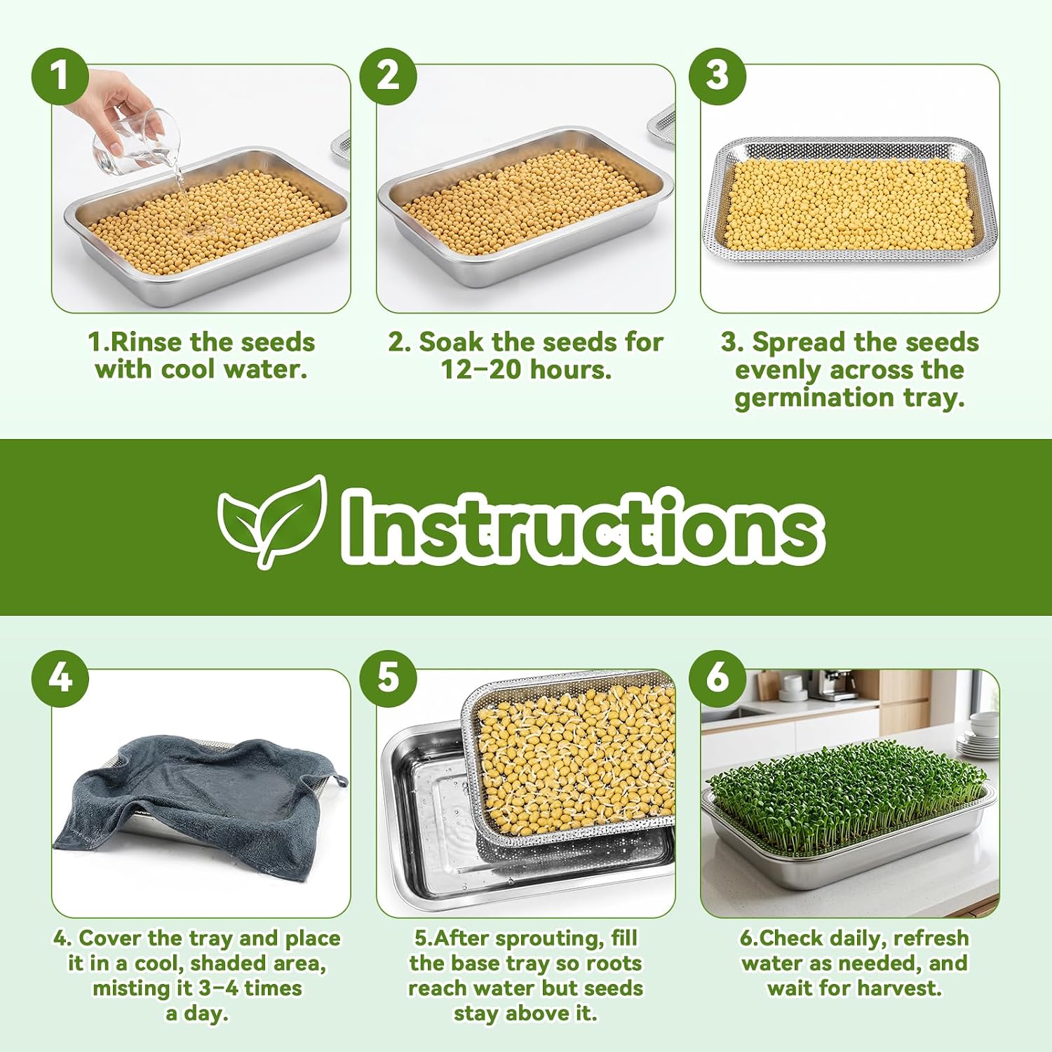 2 Pcs Stainless Steel Seed Sprouting Trays with Towel & Gauze (12.6 x 8.6) | 2-Tier Soil-Free Microgreens Growing Kit
