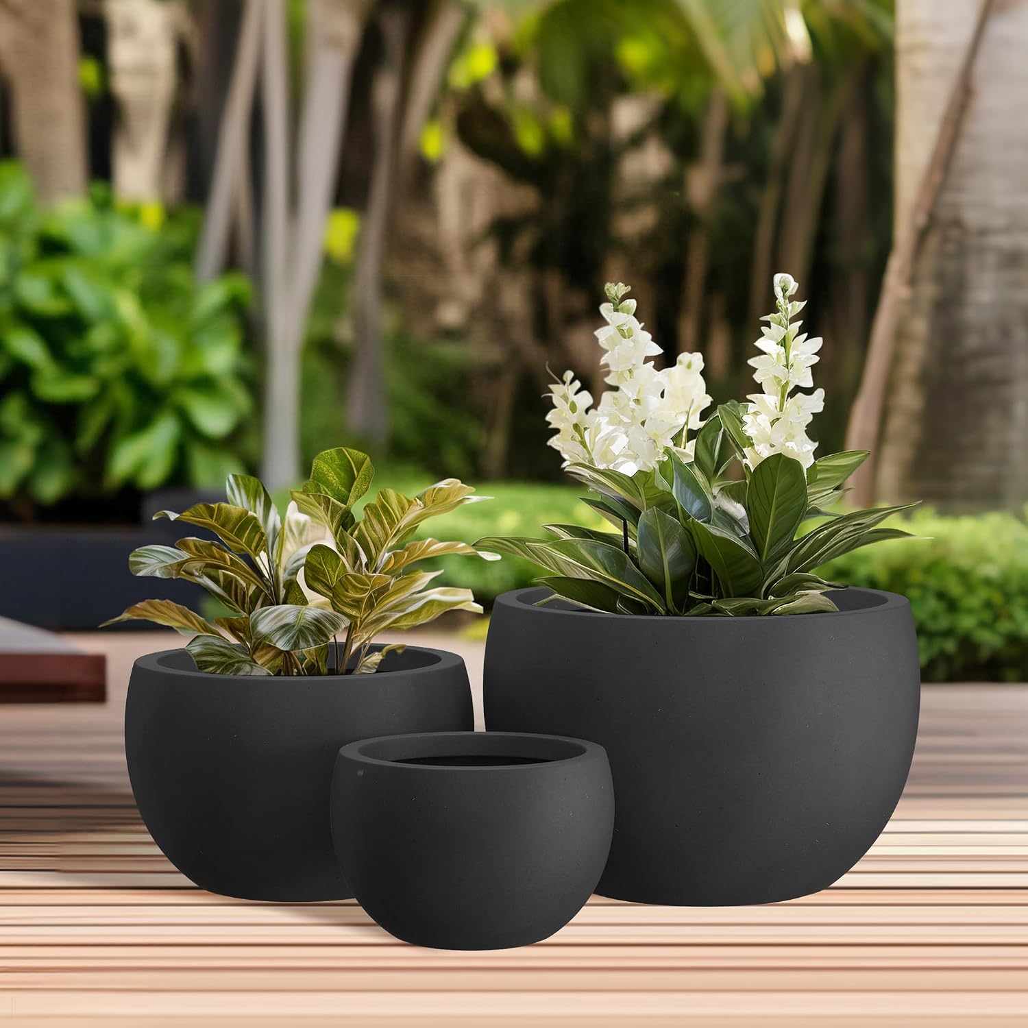 Kante Set of 3 Black Concrete Bowl Planters 20" 15.7" 11.8" Dia | Drainage for Outdoor, Rubber Plug for Indoor Home