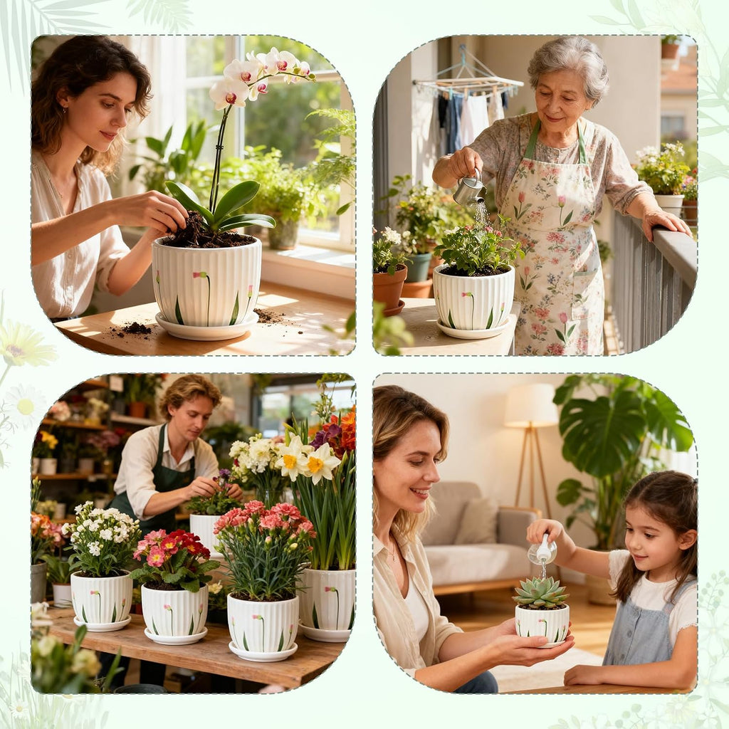 4 Pack Ceramic Orchid Pots with Drainage Holes and Tray 3.35+4.33+5.51+6.61 Inch Ceramic Plant Pot White Garden Planter