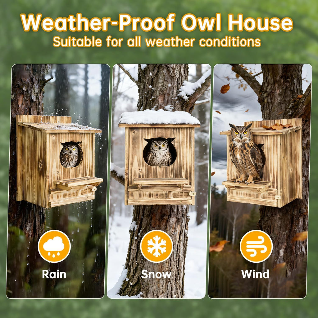 Owl Nesting Box for Outside 14.2×12×7.5 Inch Screech Owl House Bird House | Owl-Shaped Entrance, Wooden Bird Box, Easy