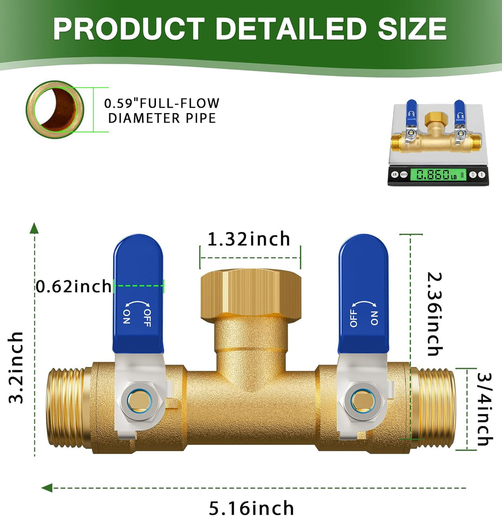 Hose Splitter 2 Way, Heavy Duty Brass Garden Hose Splitter | 0.59" Full Flow Ball Valve Outlet, Shut-Off Valve, 3/4"