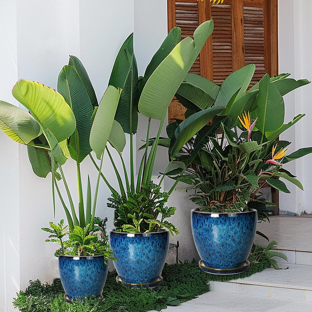 Plant Pots Indoor, Ceramic Planters Pots with Drainage Holes and Saucers, 10+8+6 Inch, Set of 3, Round Large Flower