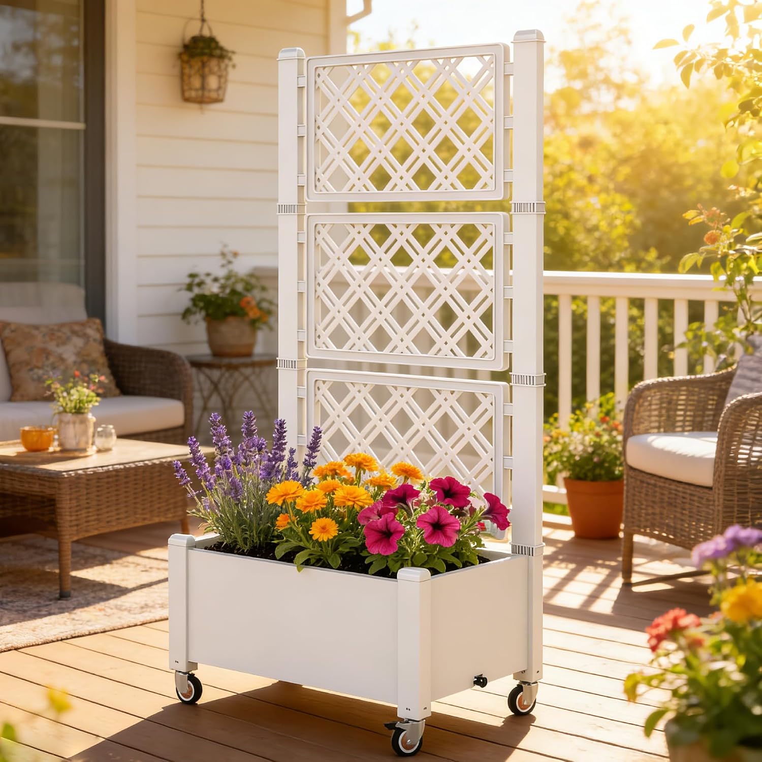 Miory 60" Raised Garden Bed with Trellis & Wheels, Vertical Gardening Planter Box with Water Level Indicator and