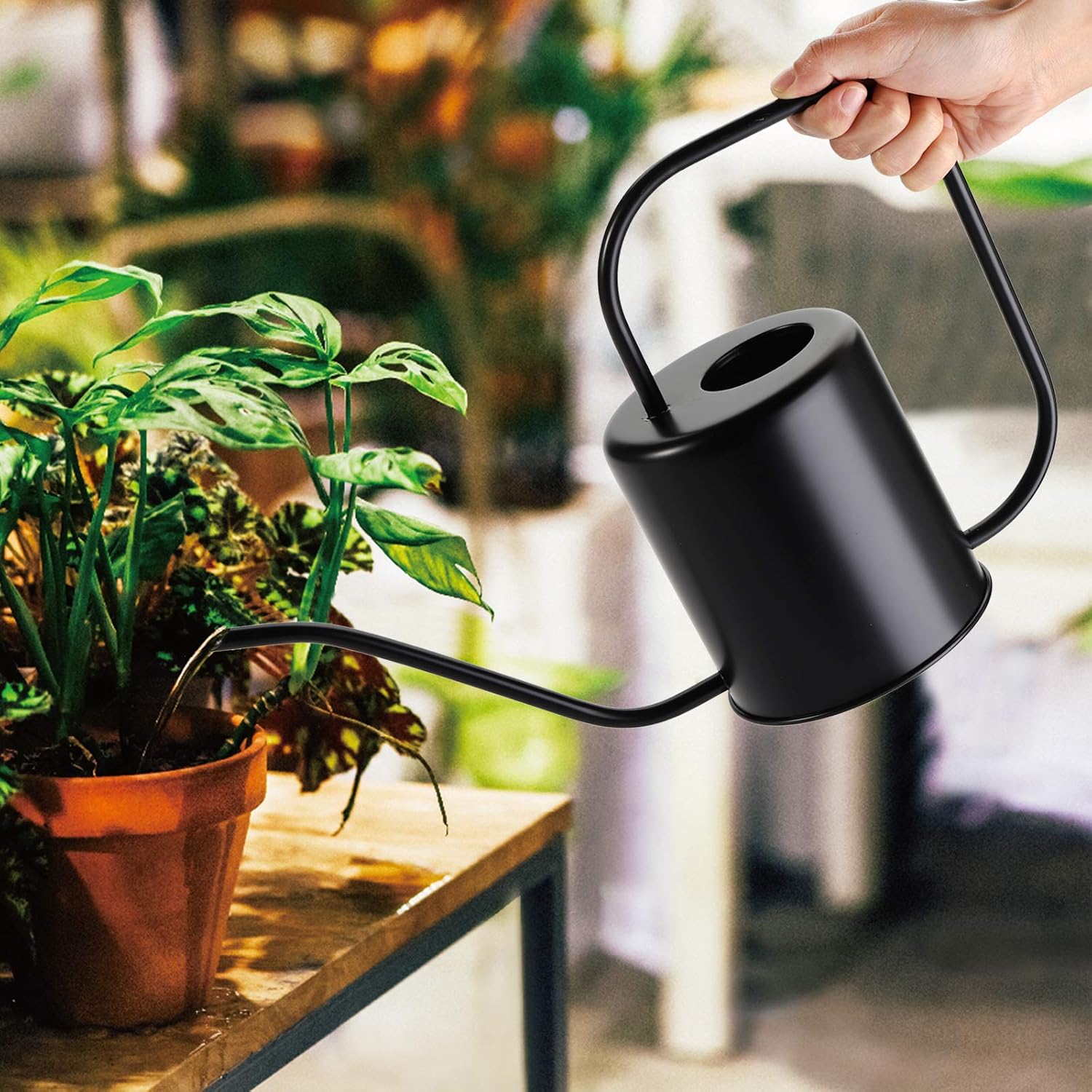 Fasmov 51 Oz Stainless Steel Watering Can Modern Style Watering Pot, Watering Can with Long Spout for Easy Pour, Water