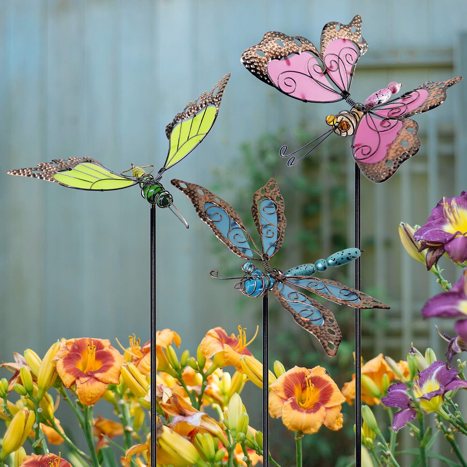 Juegoal 34 Inch Butterfly Garden Stakes Decor, Dragonfly Hummingbird Stakes, Glow in Dark Metal Yard Art for Mom