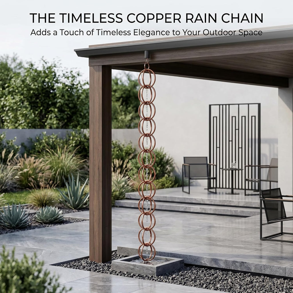 Topadorn 7.7FT Copper-Tone Double Ring Rain Chain | Modern Decorative Metal Downspout Replacement, Adjustable Outdoor