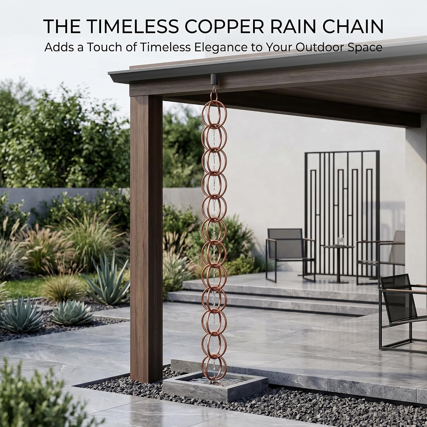 Topadorn 7.7FT Copper-Tone Double Ring Rain Chain | Modern Decorative Metal Downspout Replacement, Adjustable Outdoor