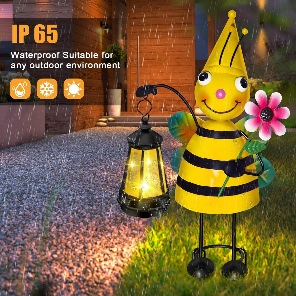 Solar Metal Bee Garden Statue with Lantern, Outdoor Garden Decor Figurine | Hand-Painted IP65 Waterproof Metal Craft