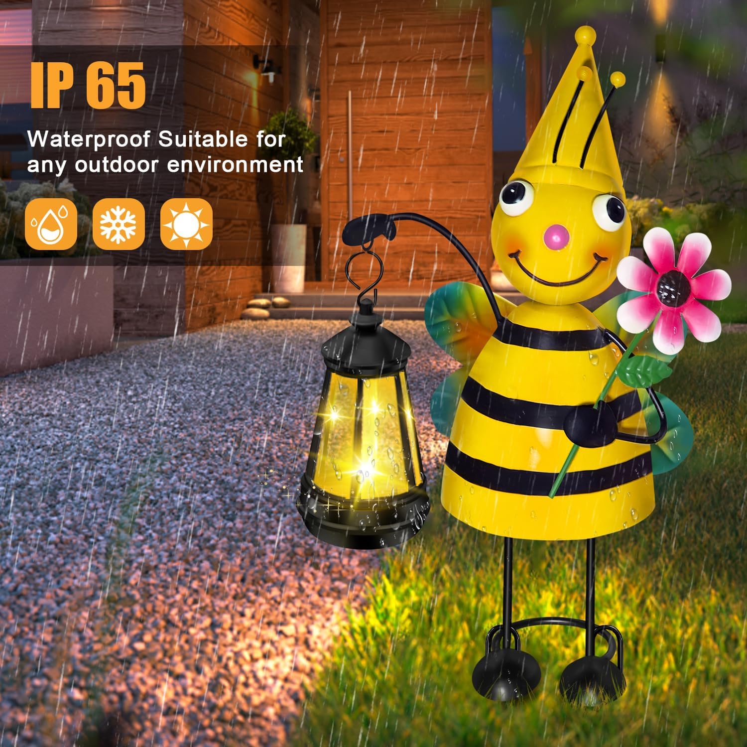 Solar Metal Bee Garden Statue with Lantern, Outdoor Garden Decor Figurine | Hand-Painted IP65 Waterproof Metal Craft