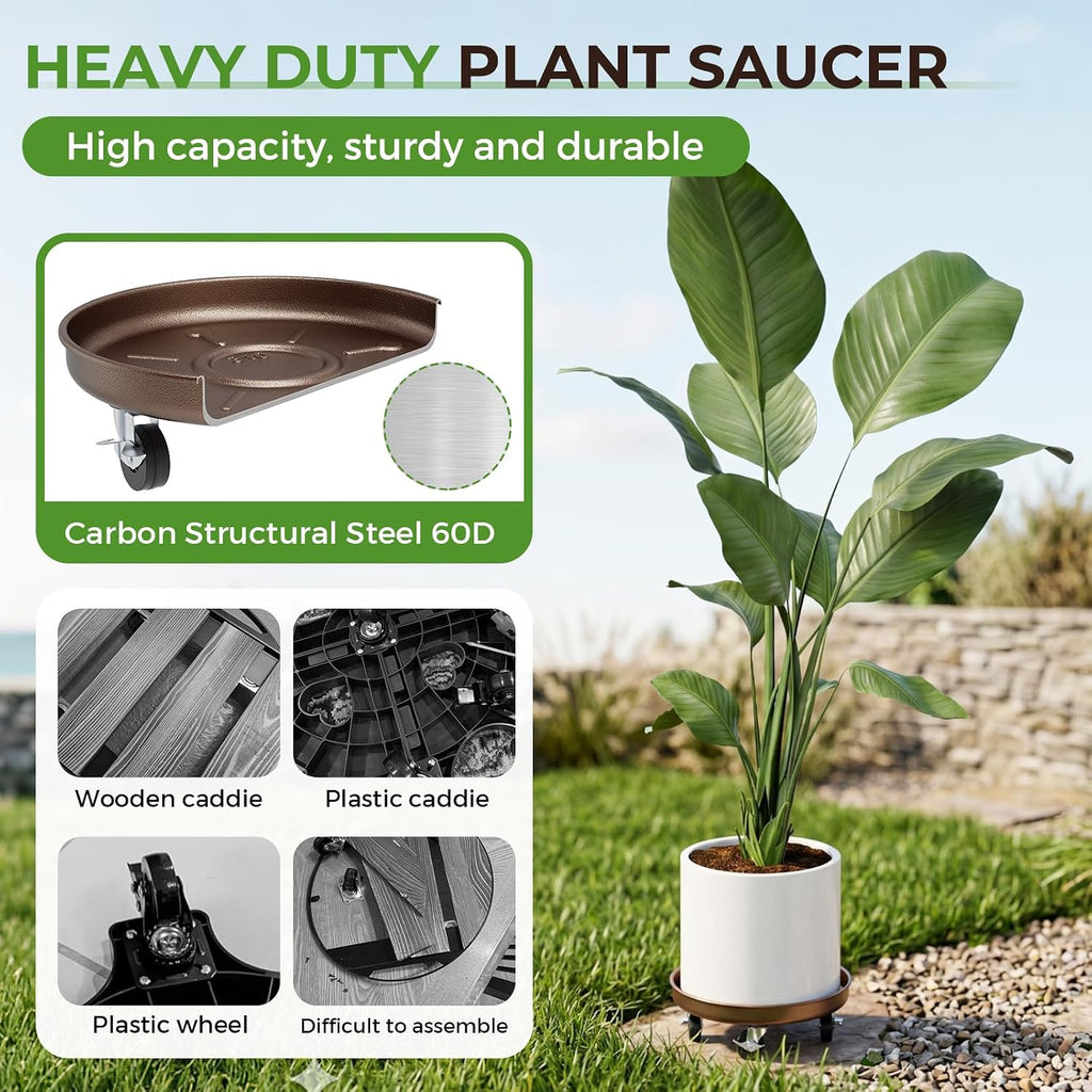 Plant Caddy With Wheels 12" Metal Plant Saucers for Indoors 310 Lb Capacity | Rolling Plant Stand, 360° Locking Casters