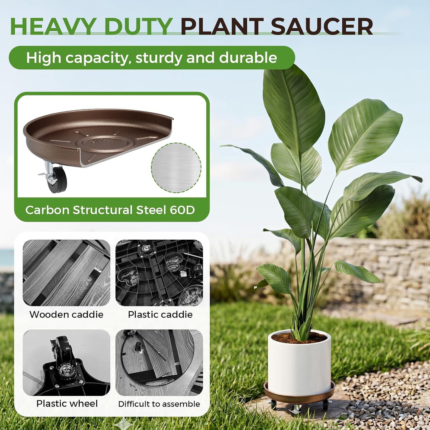 Plant Caddy With Wheels 12" Metal Plant Saucers for Indoors 310 Lb Capacity | Rolling Plant Stand, 360° Locking Casters