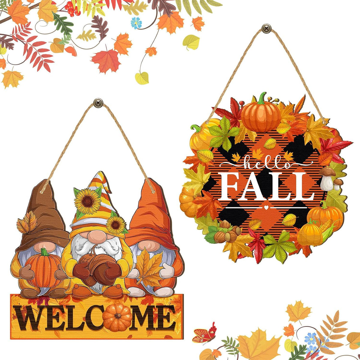 Thyle 2 Pcs Fall Door Sign Pumpkin Pumpkin Gnome Wooden Hanger