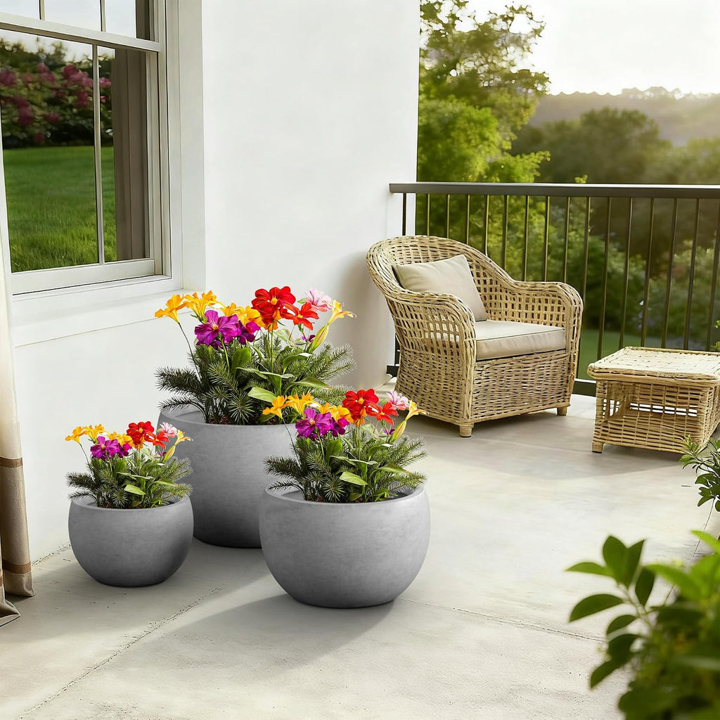 Kante Set of 3 Pale Gray Concrete Bowl Planters 20" 15.7" 11.8" Dia | Drainage for Outdoor, Rubber Plug for Indoor