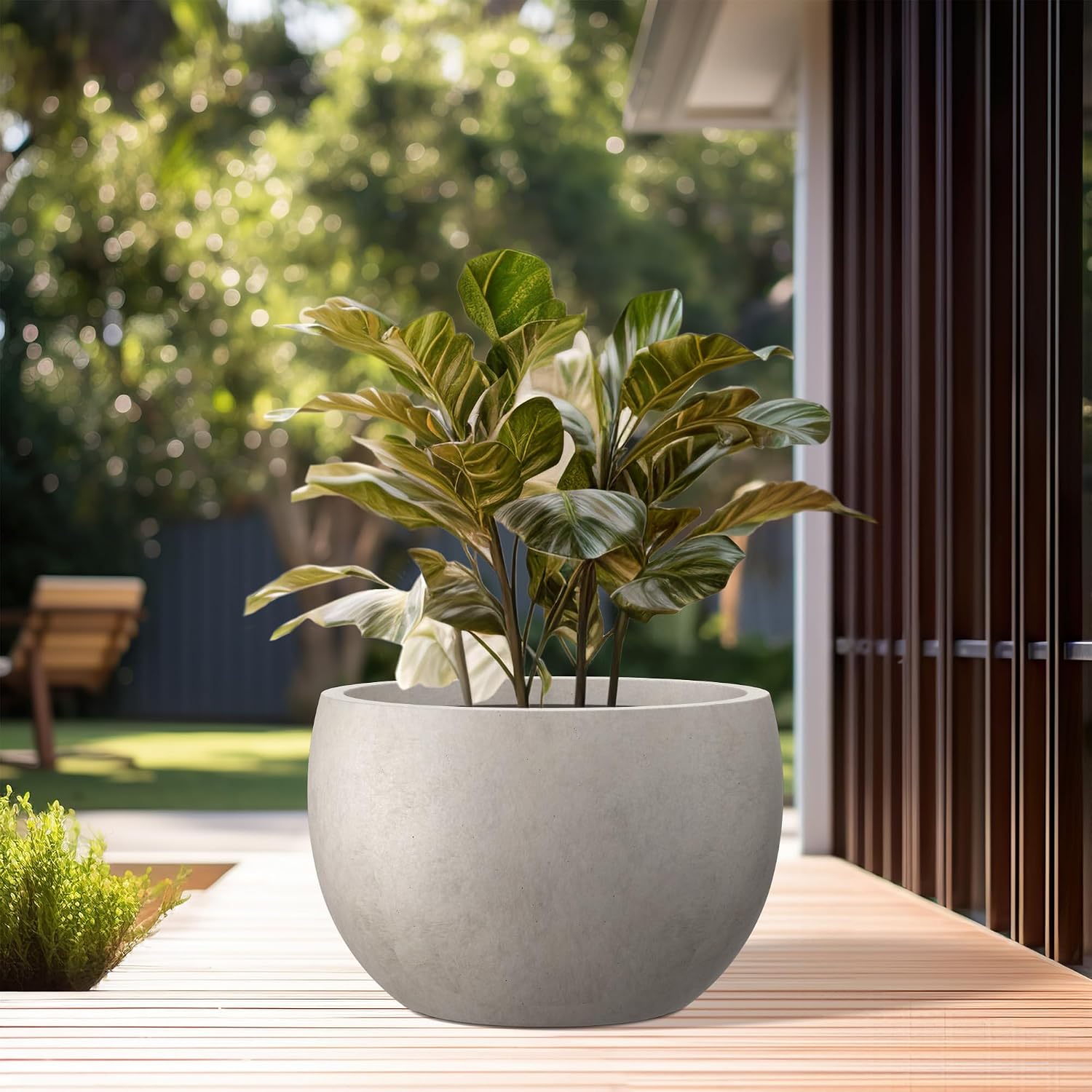 Kante Large Round Bowl Weathered Concrete Planter 20" Dia, Outdoor | Rubber Plug for Indoor, Drainage for Garden