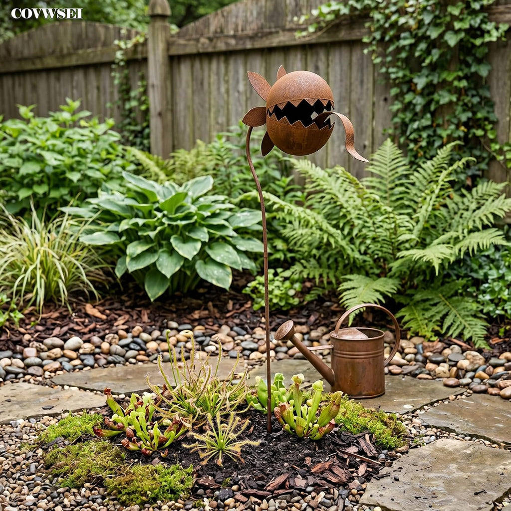 32 Inch Metal Flowers Venus Flytrap Carnivorous Plant Stake for Yard Art | Rusty Outdoor Metal Flowers - Venus Fly trap