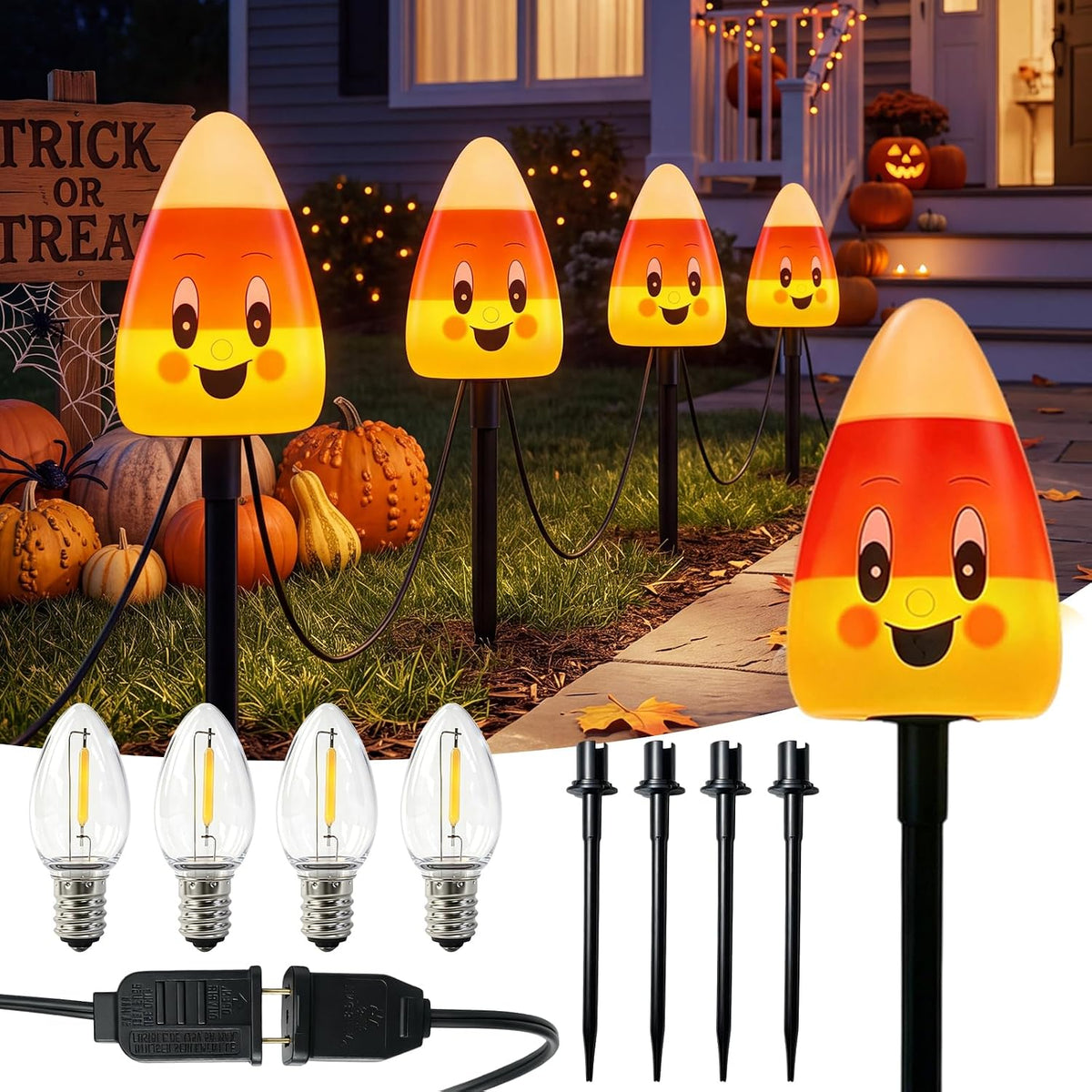 4 Candy Corn Pathway Marker Lights Outdoor, 7Ft Halloween Decoration Stake