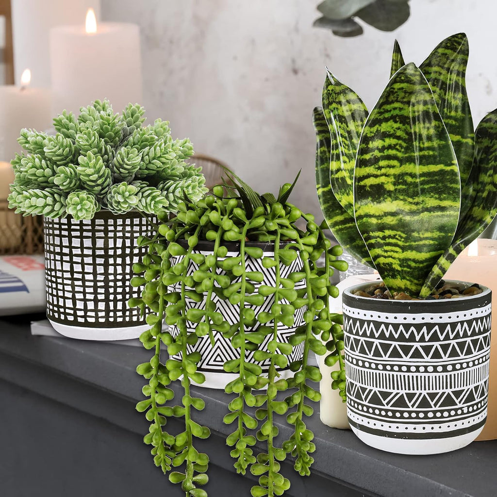 Winlyn 3 Pcs Small Potted Plants Artificial Succulents Hanging Plants and Faux Tropical Snake Plant in Black Geometric