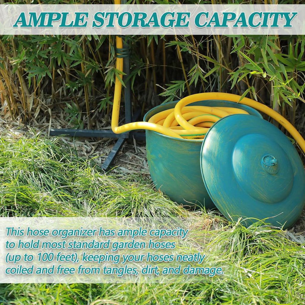 Metal Garden Hose Holder Storage Pot with Lid,Hose Pot for Outside | Holds Up To 100ft Hoses,Outdoor or