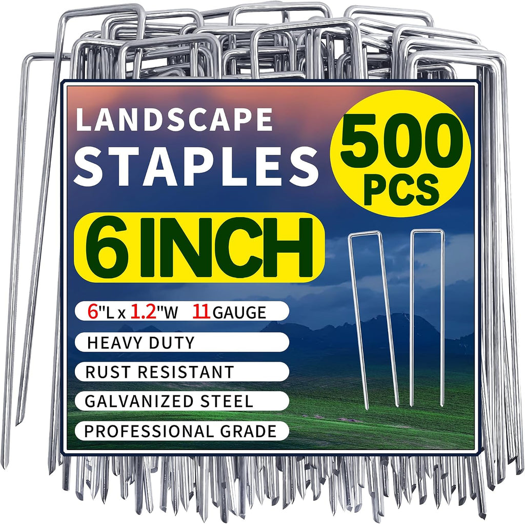 500 Pack Landscape Staples 6 Inch 11 Gauge Garden Stakes | Galvanized Garden Staples Pins Anti-Rust Ground Stakes for