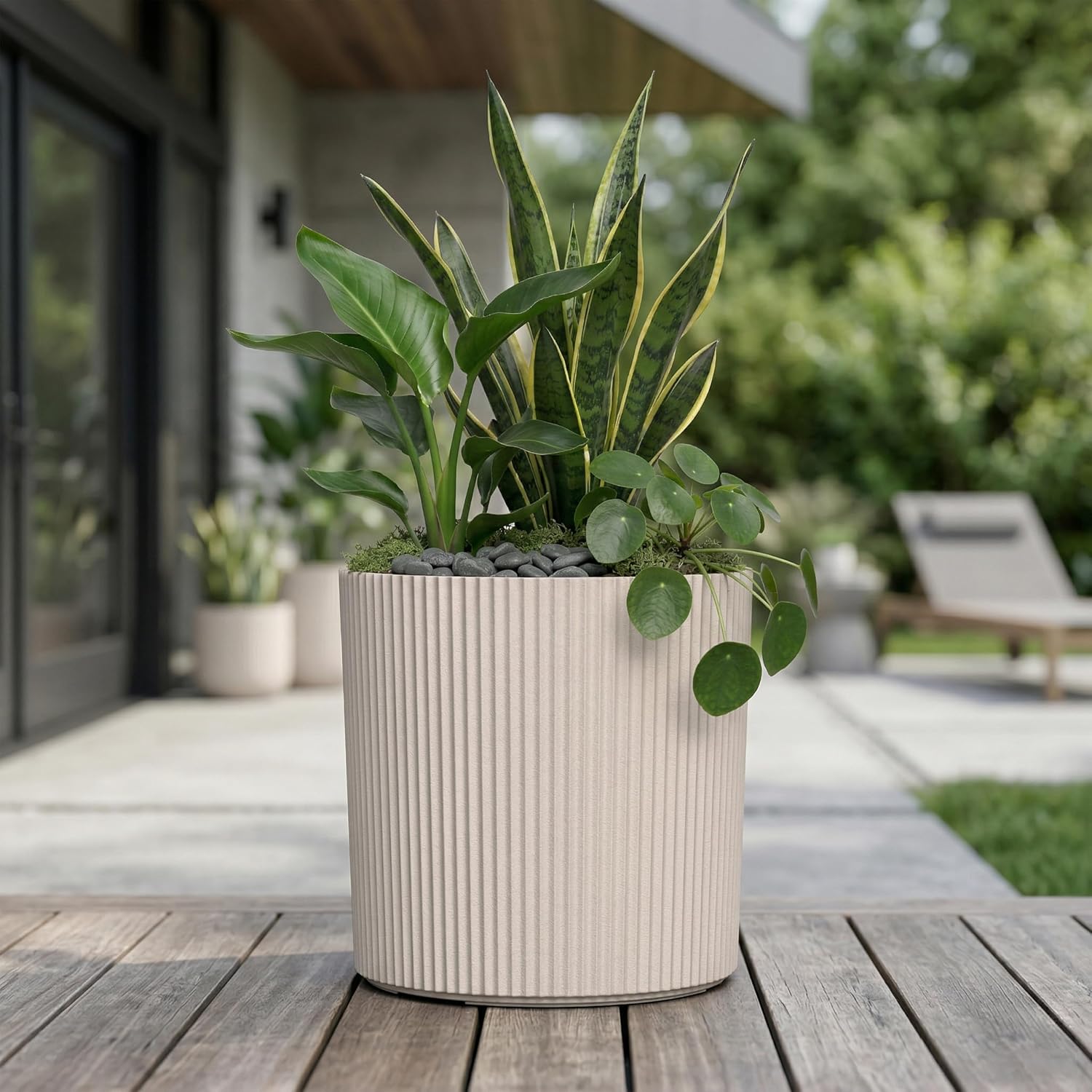 Mayne Haven 14in Round Fluted Modern Planter, Chai | Round fluted modern design, All Season, Fade resistant