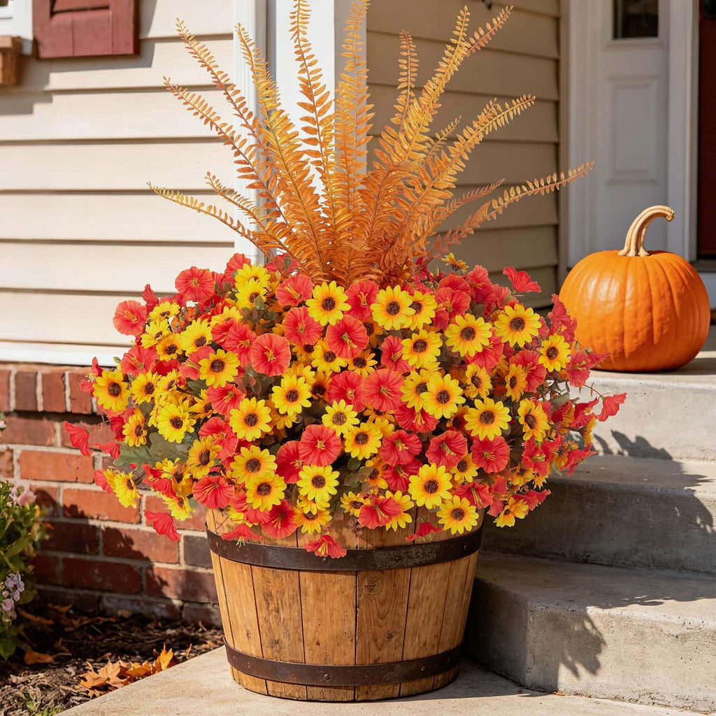 INQCMY Fall Artificial Mums Flowers for Outdoors Planter Fake Plants 6 PCS