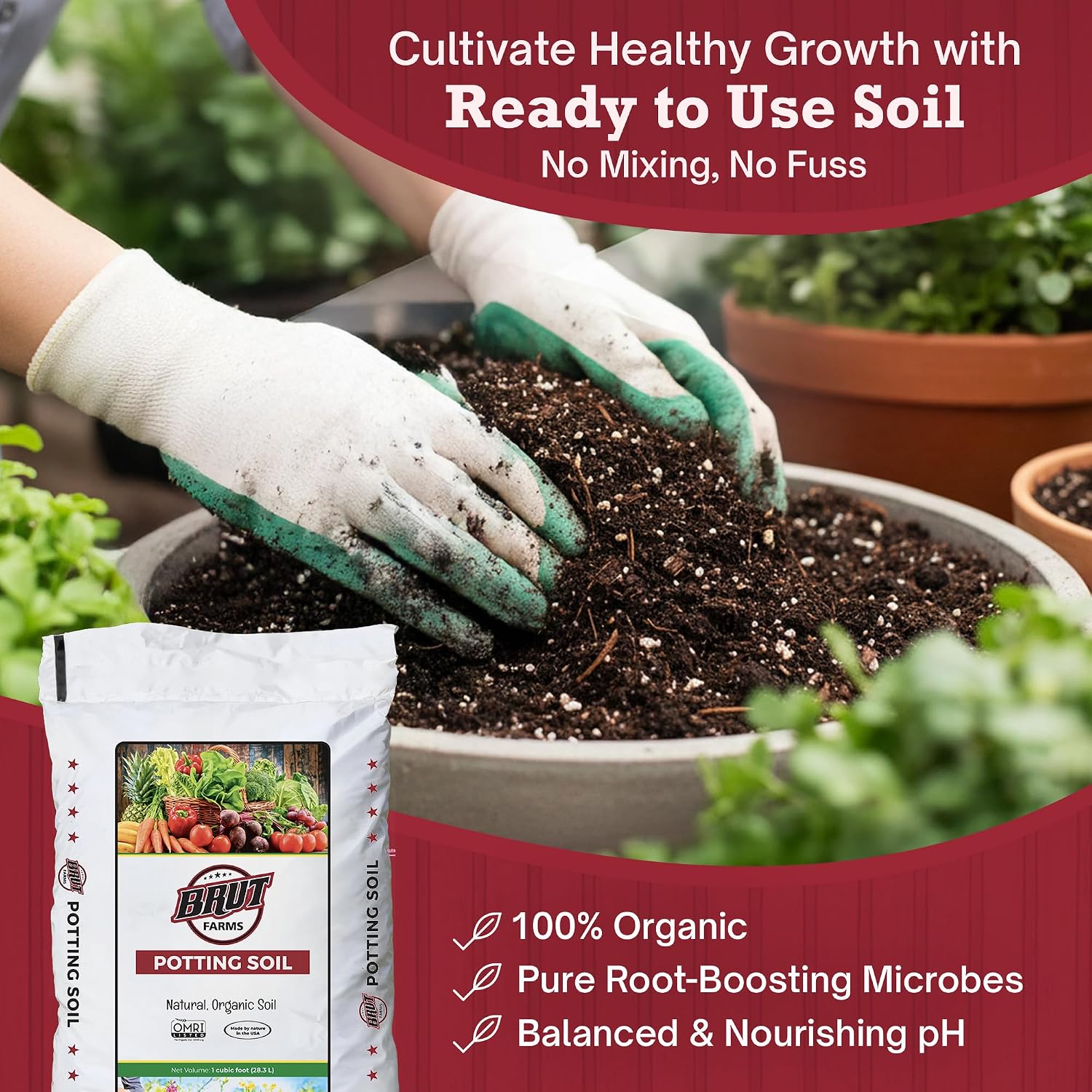 Brut Organic Potting Soil 1 CU FT – Premium Plant Soil with Organic Worm Castings, Trace Minerals & Perlite –