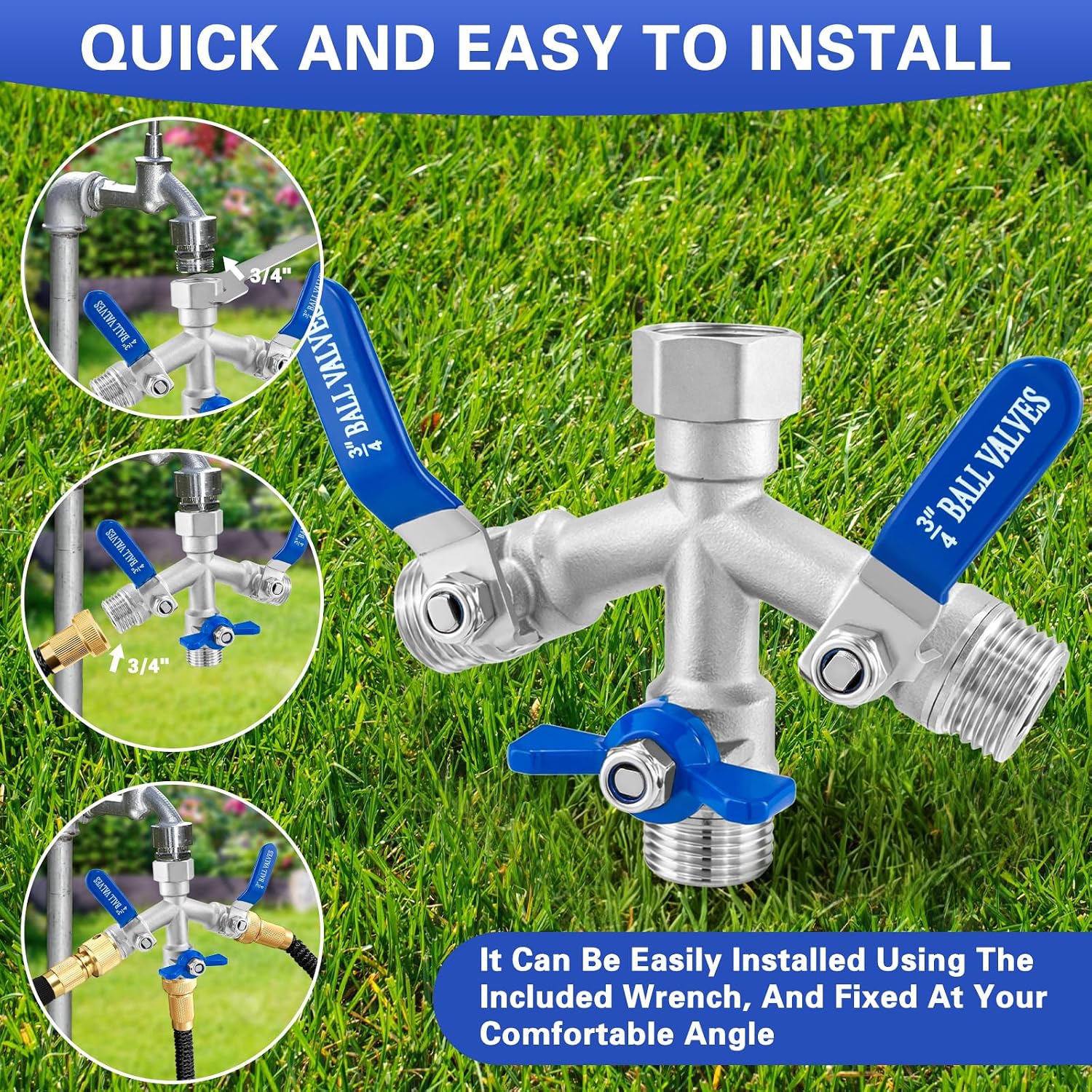 Garden Hose Splitter 3 Way, Heavy Duty 304 Stainless Steel Hose Splitter with Shut-off Valves, Full Flow Garden Water