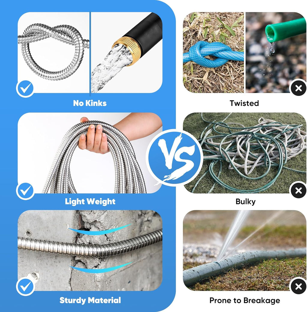 Garden Hose 50 FT, Metal Stainless Steel Water Hose with 10 Function Nozzle | No Kinks, Flexible Hose, Lightweight