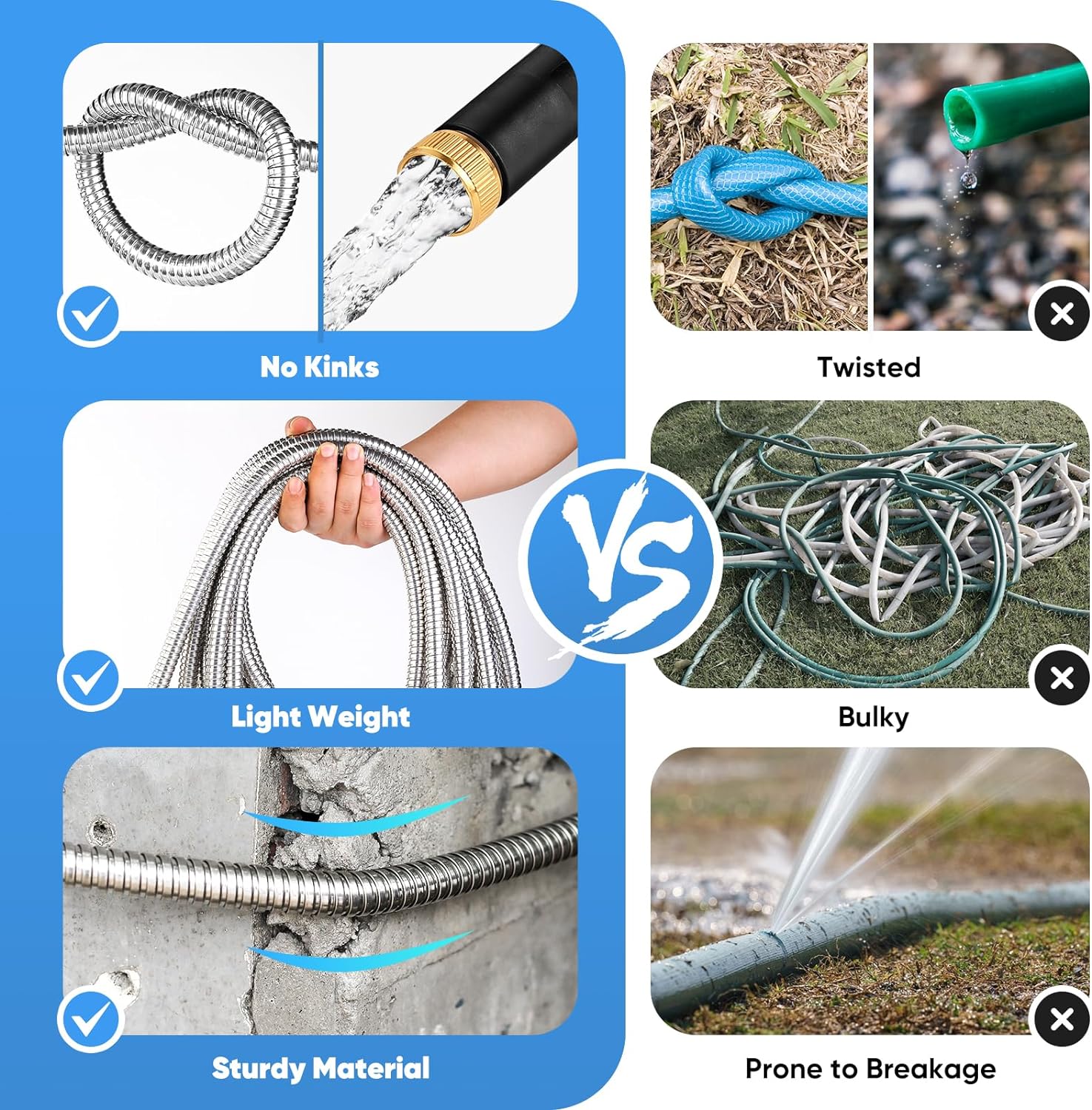 Garden Hose 50 FT, Metal Stainless Steel Water Hose with 10 Function Nozzle | No Kinks, Flexible Hose, Lightweight