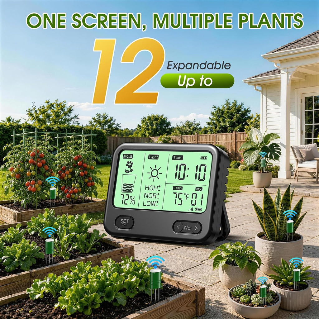 Soil Moisture Meter for Plants,4-in-1 Wireless Soil Tester,Soil Thermometer/Moisture/Sunlight Time,Large