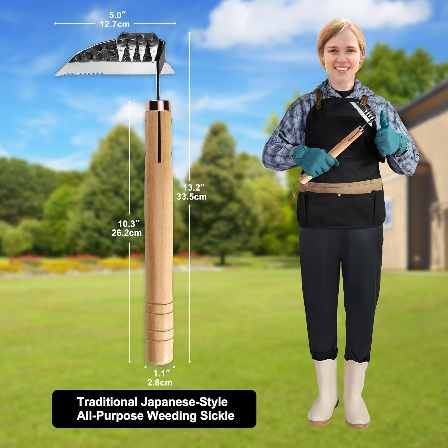 AON Japanese Weeding Sickle & Hand Hoe, 4-Tine Uprooting Garden Tool | Forged steel sharp edge, 4 curved tines &