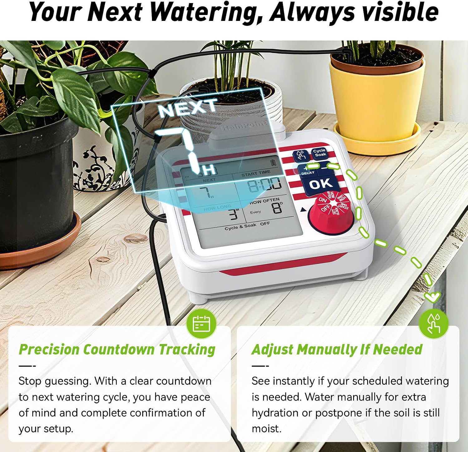 RAINPOINT Indoor Large Display Automatic Plant Waterer Kit | Drip Irrigation System with Next Watering Countdown