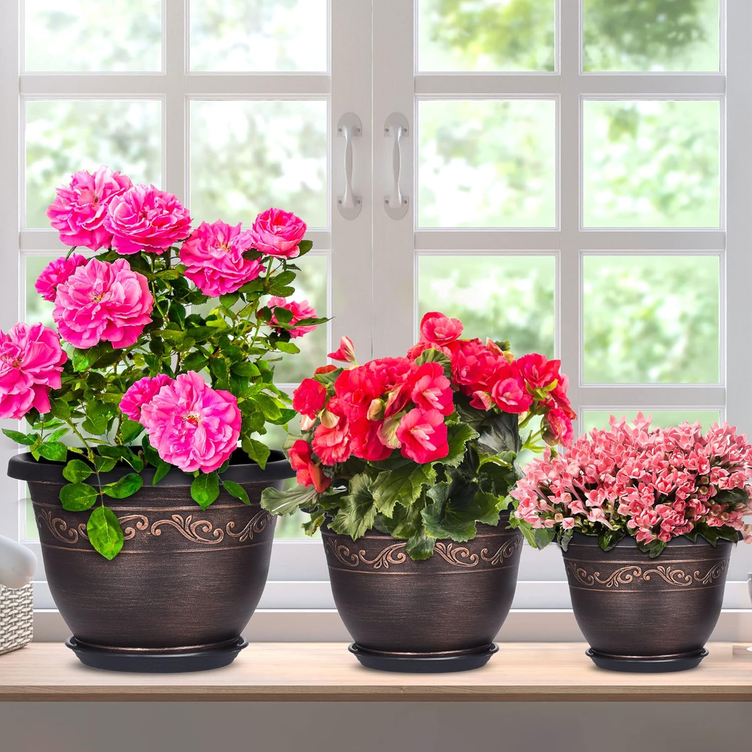 Plastic-Plant-Flower-Planters-12 Inch with Drainage Hole & Saucer, 3 Packs Lightweight Small Resin Flower Pot Indoor