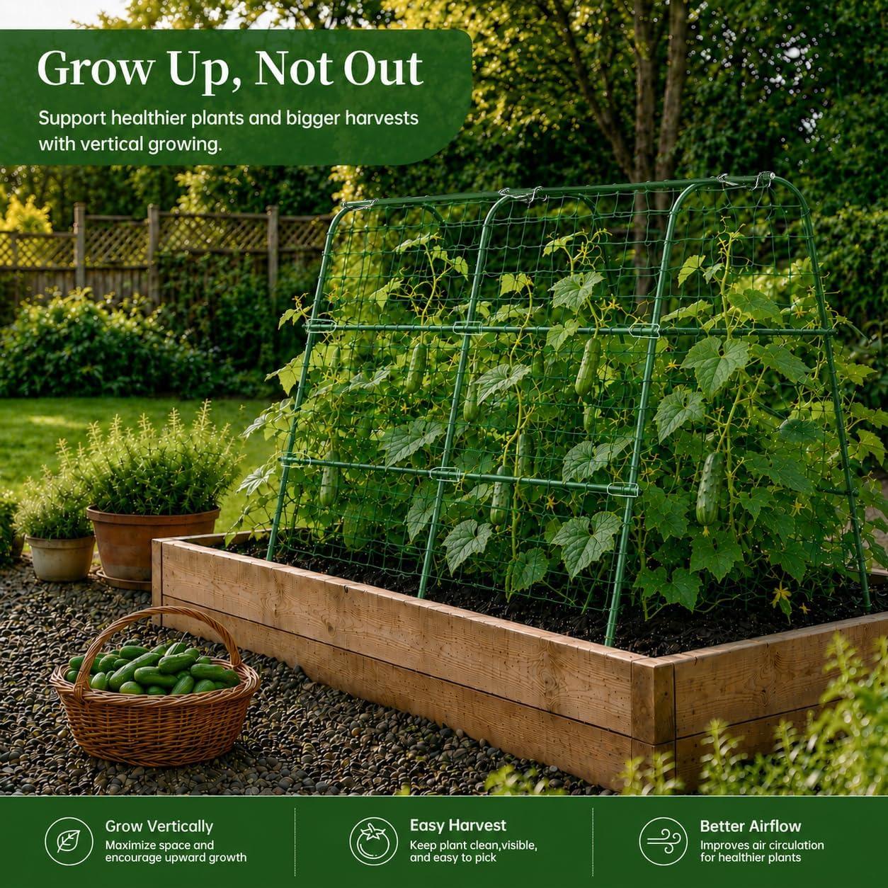 FOLLOOK Cucumber Trellis for Raised Garden Bed, 48x48inch, Green | Rustproof Metal Garden Arch Trellis for Climbing