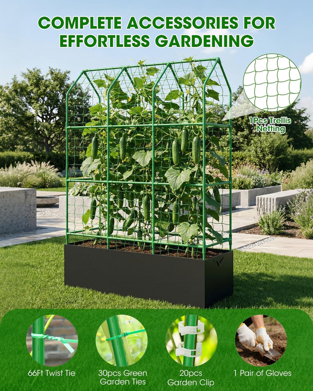 65" Cucumber Planter with Trellis for Climbing Plants Outdoor, Metal Garden Trellis for Raised Bed, Plant Support