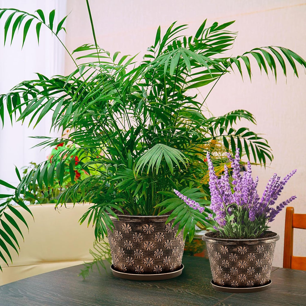 10 Inch Planter Pots for Plants, 4 Pack Plastic Large Flower Pots Indoor Outdoor, Resin Plant Pot with Drainage &